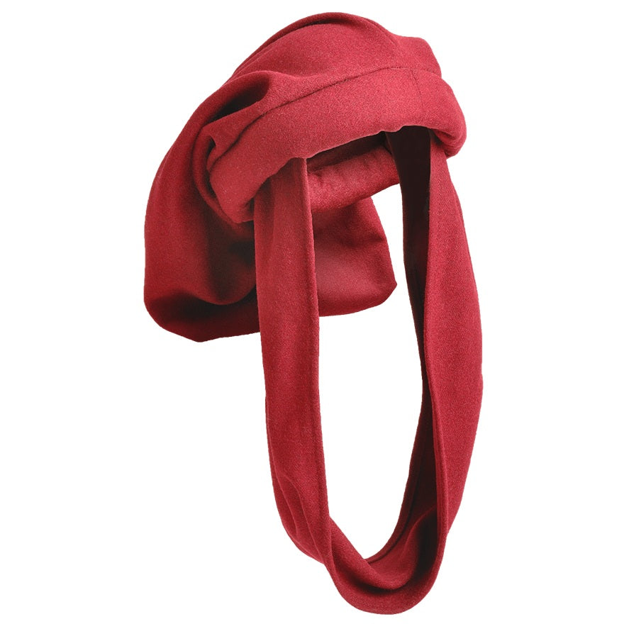 A deep red felt headband with long hanging tails, styled in a loose knot on a plain white background.