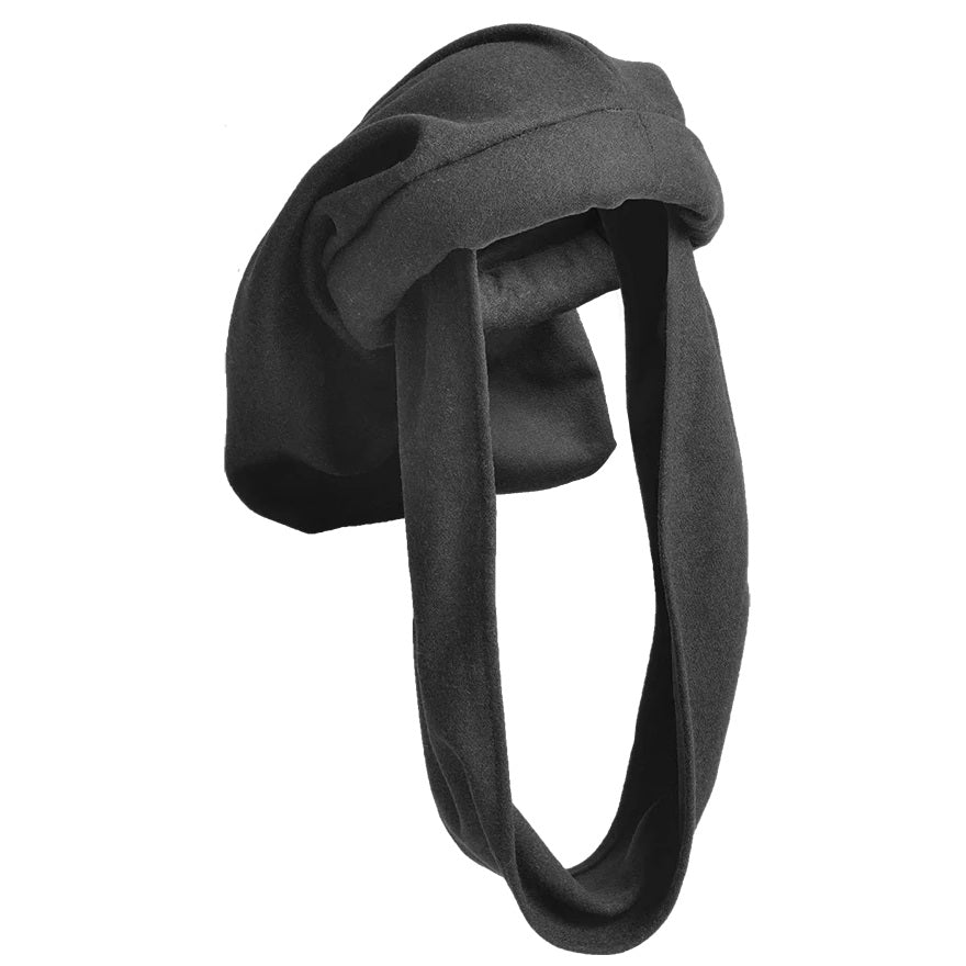 A black wool-like head covering or scarf with a large draped flap and long hanging ties, shown against a plain white background.