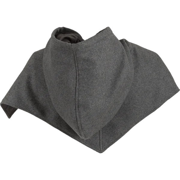 A dark gray fleece hooded neck warmer or balaclava shown folded on a plain white background.