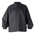A black long-sleeve historical-style shirt with a mock neck, drawstring tie at the collar, and buttoned front placket, shown on a plain white background.
