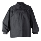 A black long-sleeve historical-style shirt with a mock neck, drawstring tie at the collar, and buttoned front placket, shown on a plain white background.