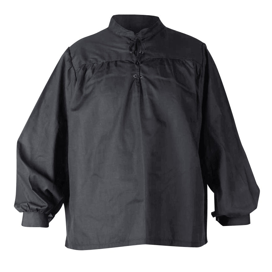 A black long-sleeve historical-style shirt with a mock neck, drawstring tie at the collar, and buttoned front placket, shown on a plain white background.