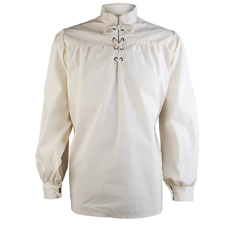 An off-white long-sleeve historical-style blouse with a mock neck, gathered waist, and lace-up front detail, shown against a plain white background.