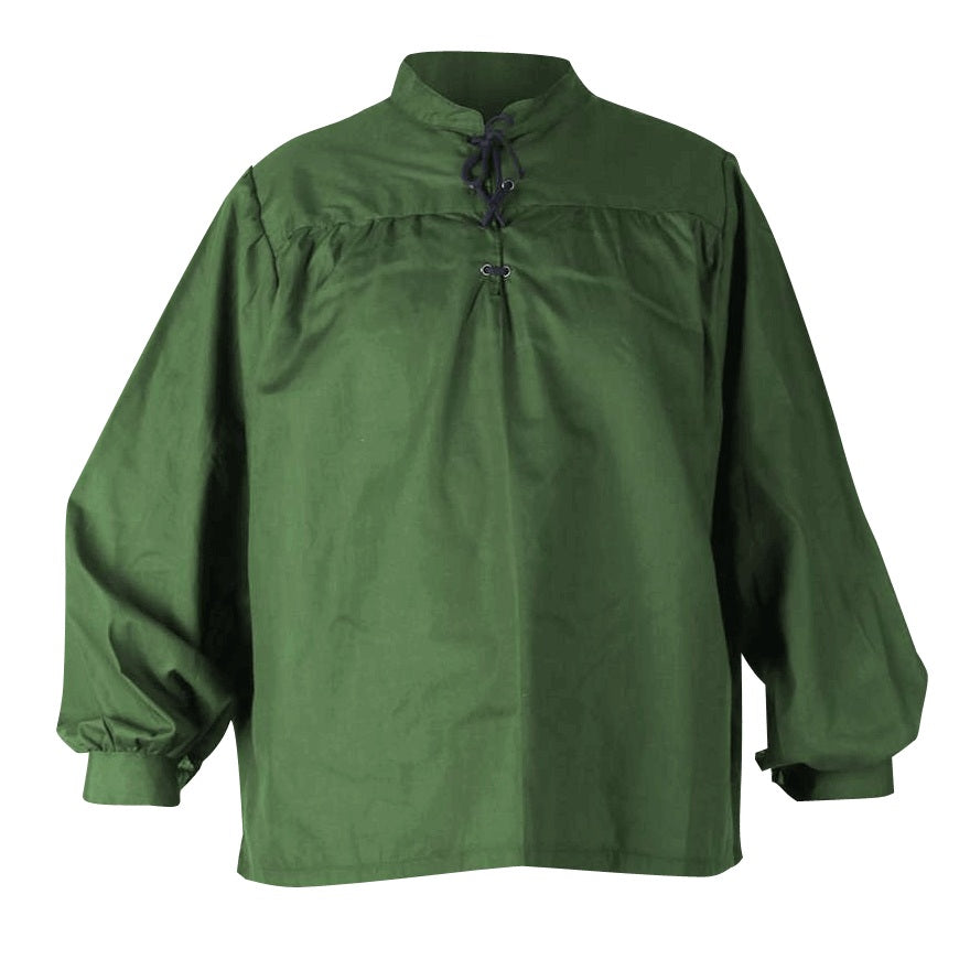 An olive green long-sleeve tunic shirt with a mock neck, gathered chest, and front lacing closure, shown against a plain white background.