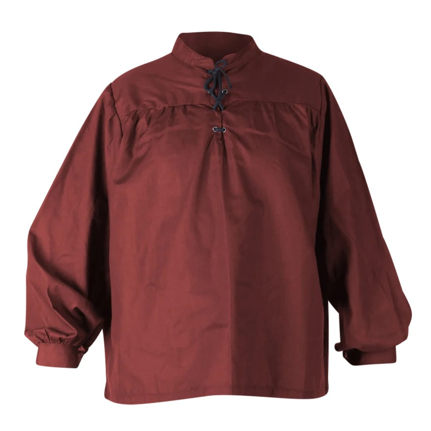 A long-sleeved burgundy medieval-style blouse with a mock neck, gathered chest, and front lace-up closure, shown against a plain white background.