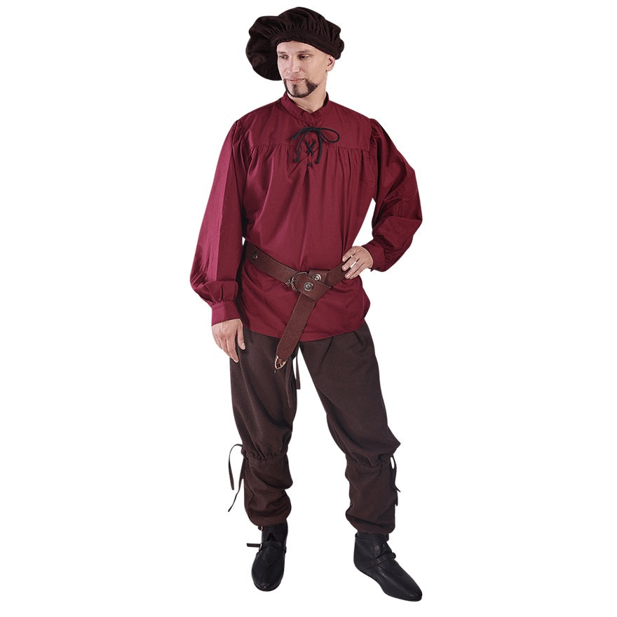 A man modeling a medieval-style costume consisting of a burgundy long-sleeve tunic with a black neck tie, dark brown pants, a brown leather belt, and a matching dark brown hat, set against a plain white background.