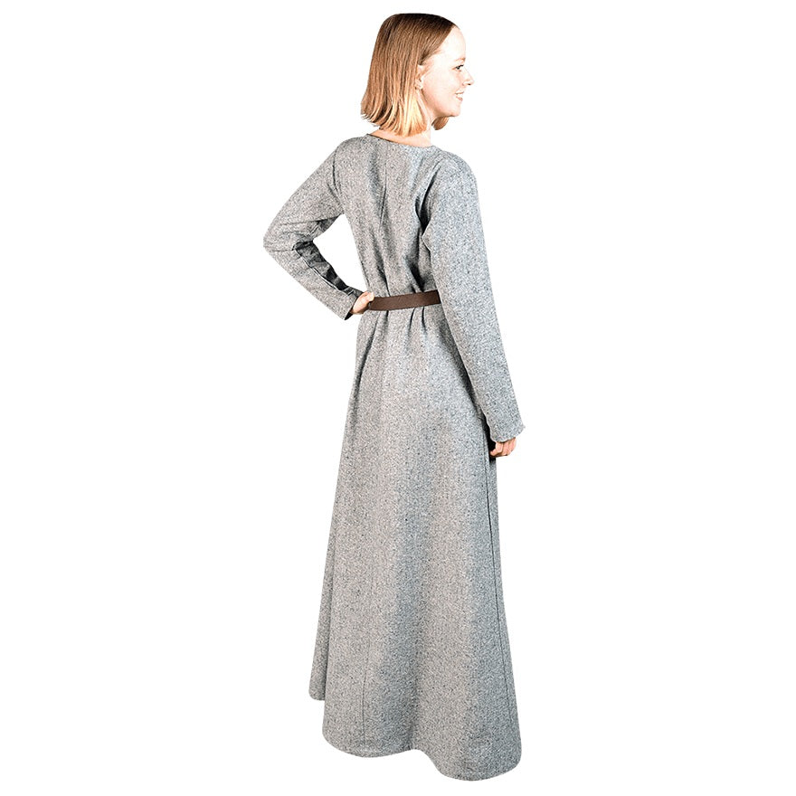 A woman wearing a long-sleeved gray textured dress with a brown belt, shown from the back against a plain white background.