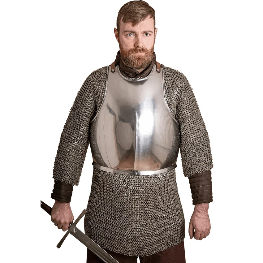 Mercenary Steel Breastplate, polished steel, worn over chainmail, front view