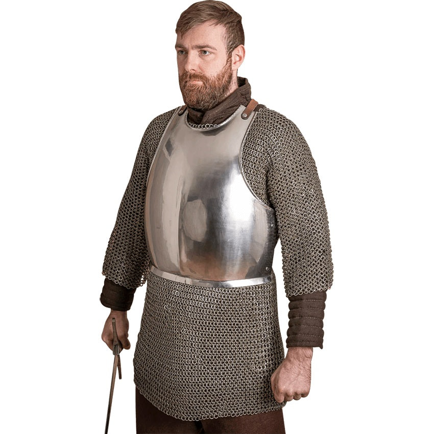 Mercenary Steel Breastplate worn with mail hauberk, full length front view